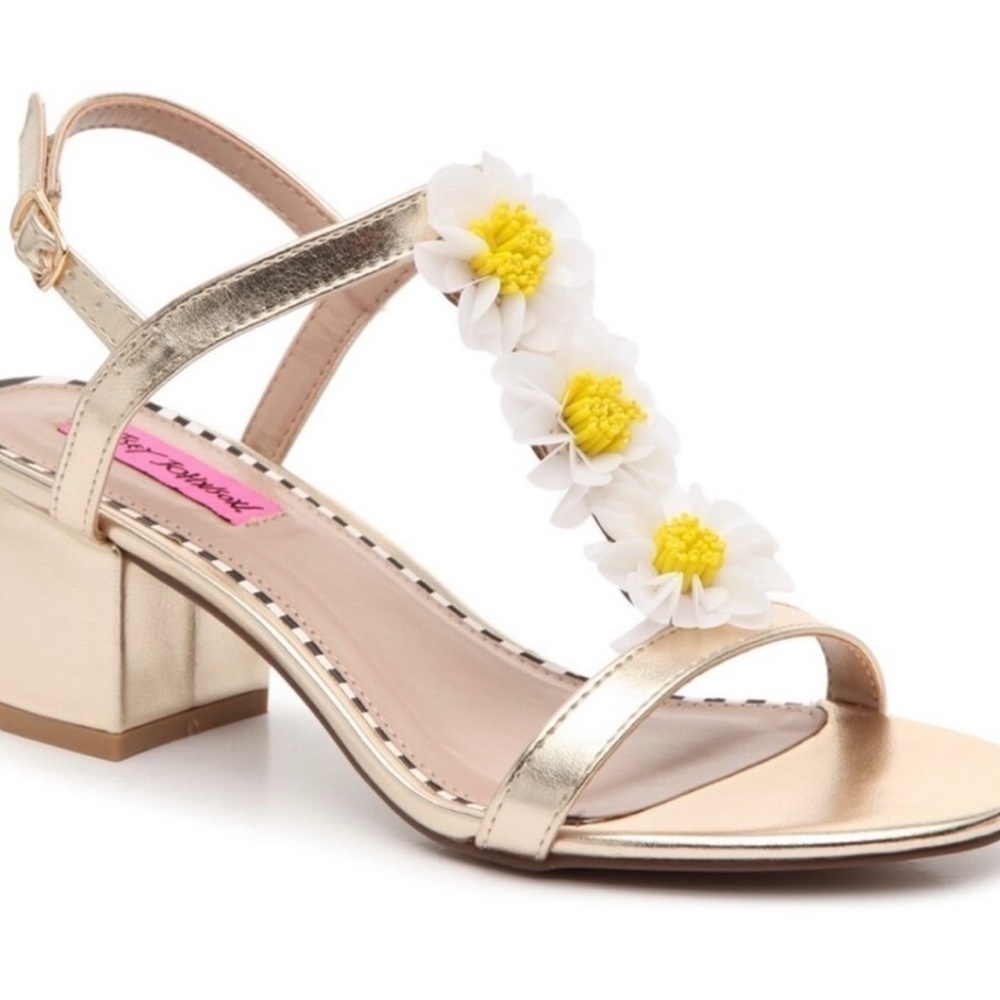 Women’s BETSEY JOHNSON Arden Sandals Gold Floral Heels Shoes